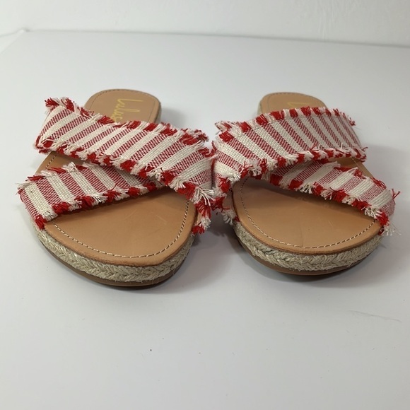 Lulus Sandals Espadrilles Flats  Fringed Canvas Striped Straps Red Women 10 - Picture 8 of 12